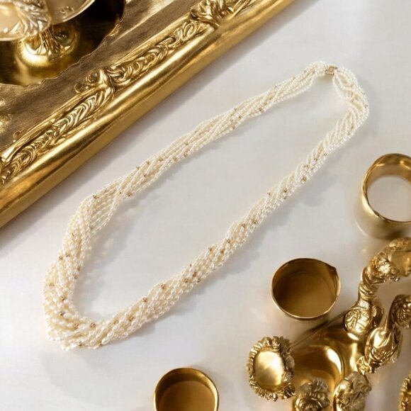 Freshwater Seed Pearl Multi Strand Necklace 10K Gold Clasp C Tanner Elegant Rope - Picture 1 of 9